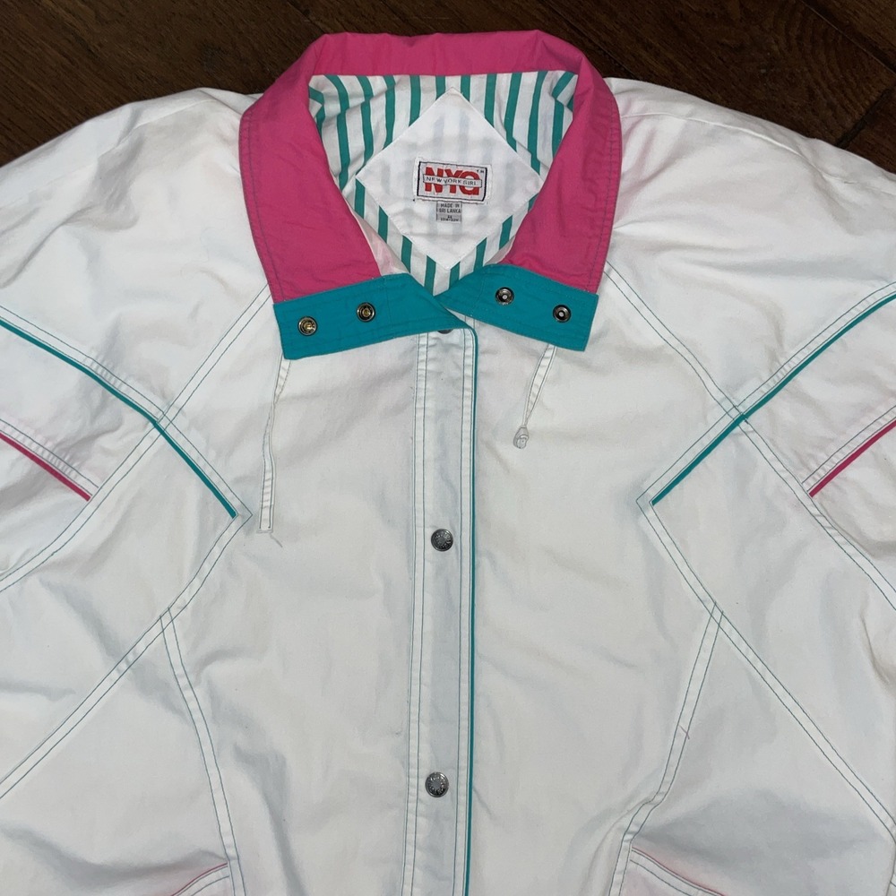 Vintage NYC New York Girl Jacket Womens Medium Windbreaker Striped Trim 80s-2X